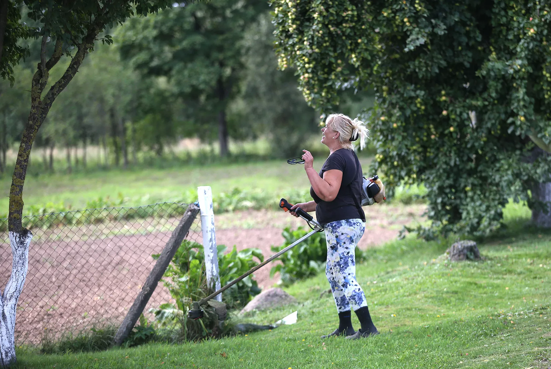 Išvystame tikrai nekasdienį vaizdą – „trimeriu“ moteris šienauja pievą. Ji – Pėdžių kaimo patriotė Birutė. A. Barzdžiaus nuotr.