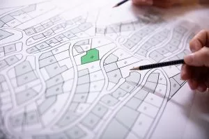 Human Hand Holding Pencil Over Cadastre Map