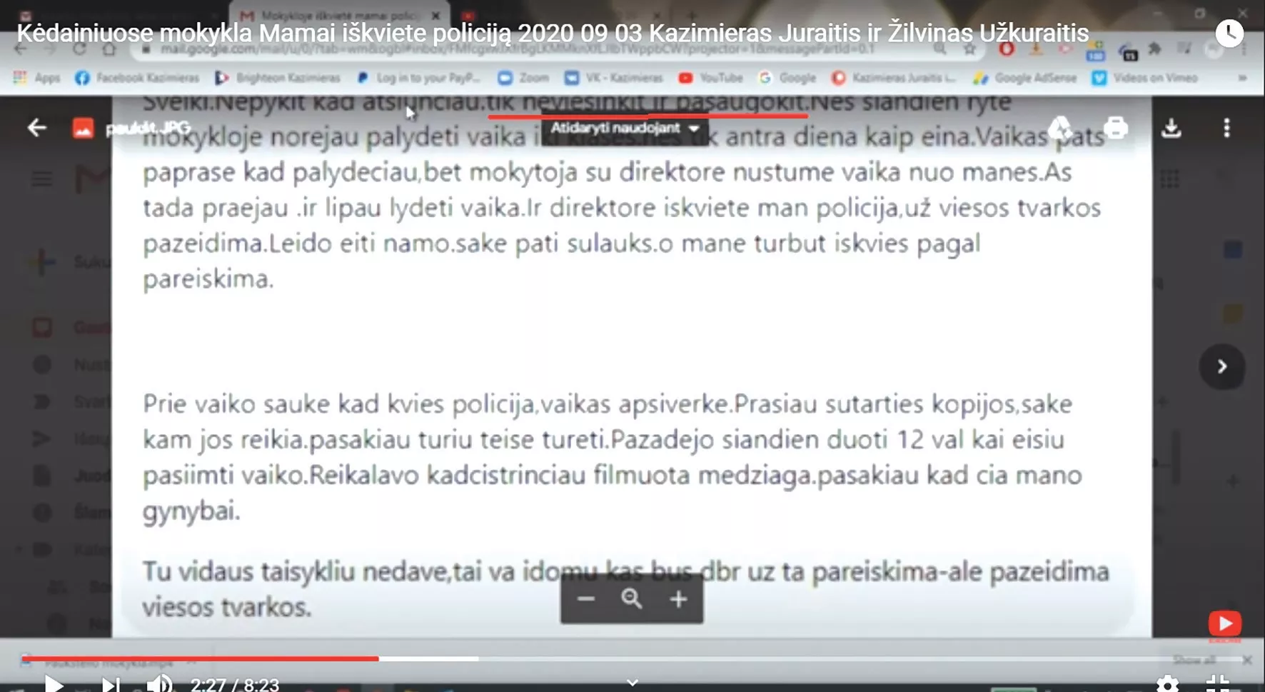Štai čia aiškiai matomi laiško pradžioje parašyti mamos žodžiai „tik neviešinkit ir pasaugokit“. Tačiau „neviešintinas ir saugotinas“ susirašinėjimas ir apkarpyta video medžiaga atsidūrė internete./ www.youtube.com stopkadras